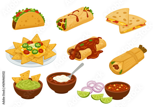 Illustrated assortment of Mexican food tacos burritos nachos quesadillas tamale chili guacamole salsa lime and onion
