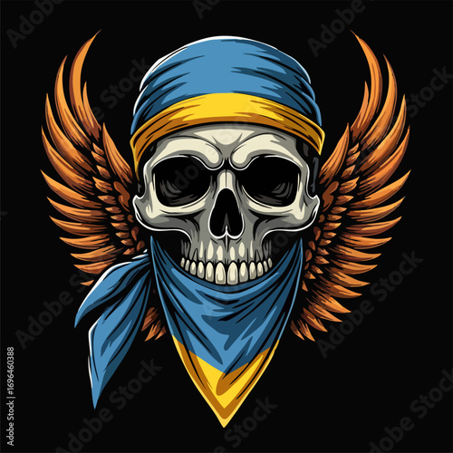 Biker vector t-shirt design with fire human skull
with Ukraine flag bandana, wings on black
background. Fashionable print for fabric, paper, men clothing, hoodie, jacket. T shirt drawing. 