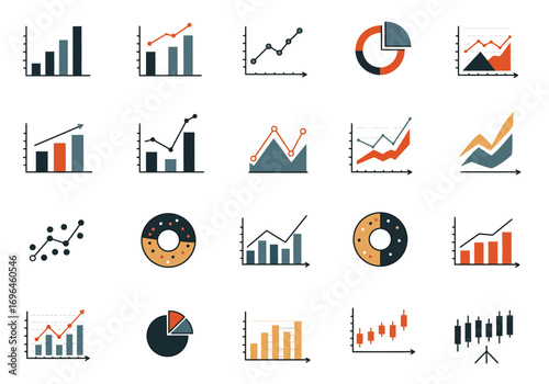 Image shows twenty infographics with different types of charts and diagrams on a white background