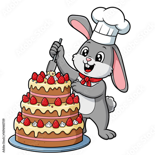 Cute rabbit chef decorating a large cake with strawberries  
