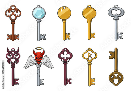 Ten stylized keys on a white background each with unique shapes colors and ornamental details