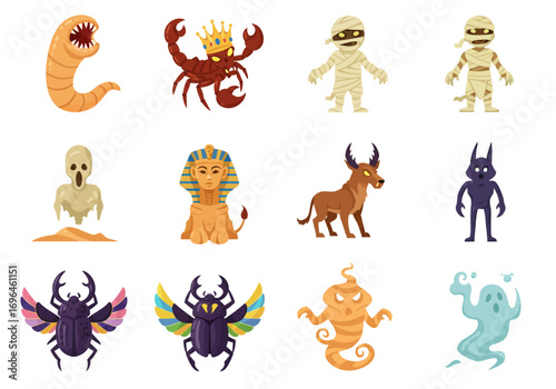 Twelve cartoon monsters in four rows They include mummies ghosts scarabs and other assorted desert creatures