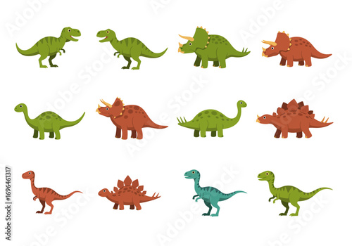 Twelve dinosaurs in a grid two green Tyrannosaurus rex two Triceratops two sauropods two Stegosaurus and two raptors