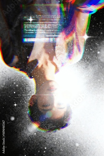 Astral Projection A Figure Ascending Through Glitchy Cosmos