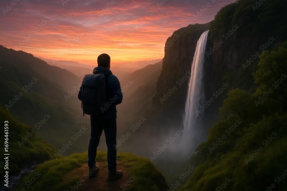 Fototapeta premium silhouette of hiker man standing on top of cliff side looking at waterfall