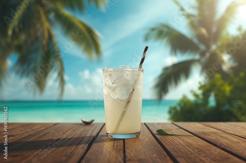 A glass filled with coconut...