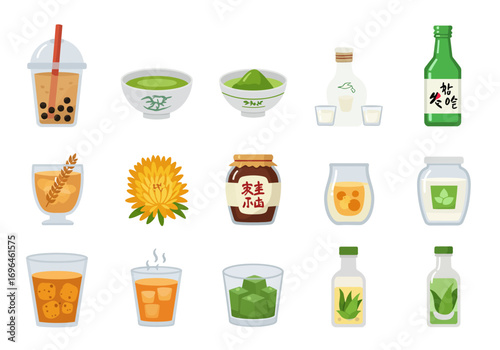 Varied drinks boba tea matcha sake alcohol aloe juice jelly cubes chrysanthemum Diverse beverage presentation