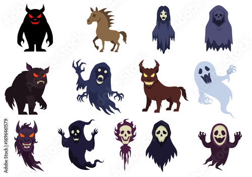 Twelve spooky creatures monsters ghosts  skull entities