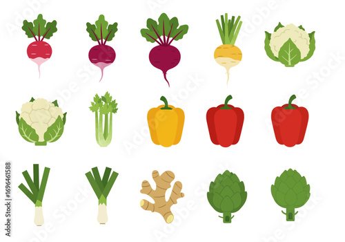 Variety of colorful vegetables radishes beets turnips cauliflower celery peppers leeks ginger artichokes