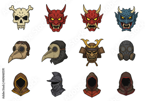 Twelve stylized masks and headgear arranged in a grid layout