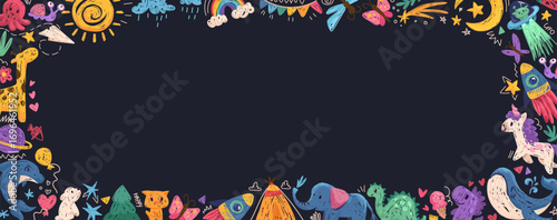 Colorful kid crayon frame with animal doodles drawn by colorful crayons. Childlike border with pencils and childish drawings on paper. Vector illustration for certificate, diploma, poster, bg