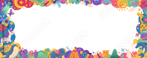 Colorful kid crayon frame with animal doodles drawn by colorful crayons. Childlike border with pencils and childish drawings on paper. Vector illustration for certificate, diploma, poster, bg