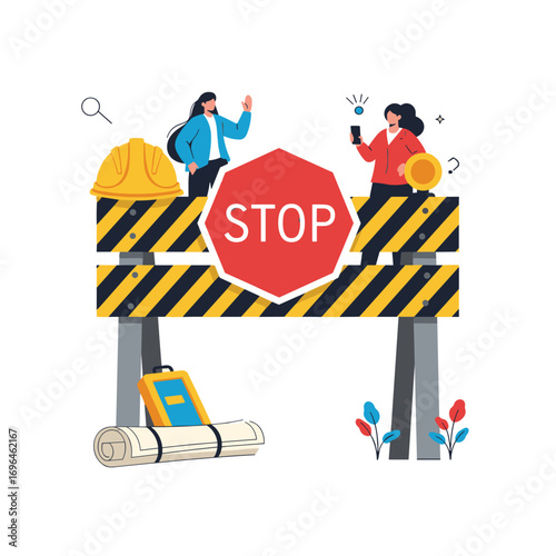 Construction barrier with stop sign and two people looking at devices