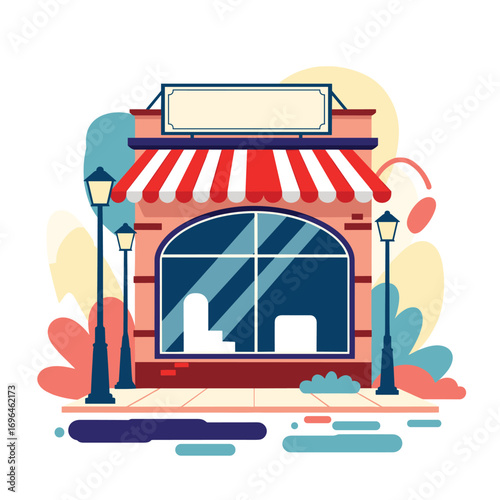 A charming retail shop with a classic awning and inviting streetlights outside