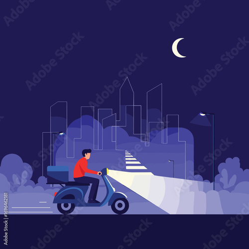 Nighttime food delivery rider navigating through city streets under moonlight