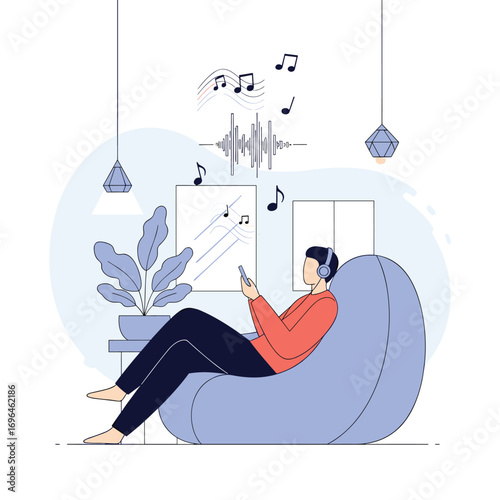 Young man relaxing on a bean bag chair listening to music on his phone