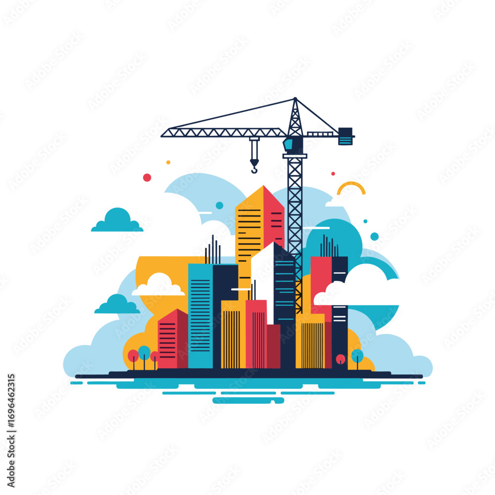 Obraz premium Modern city construction project with cranes and buildings under blue sky