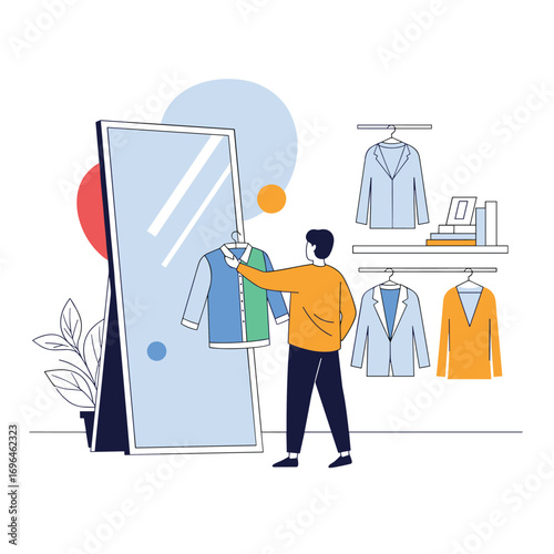 Man trying on clothes in front of mirror and shopping for fashion outfits