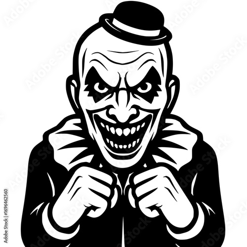 Evil Clown Character with Menacing Grin Black and White Isolated
