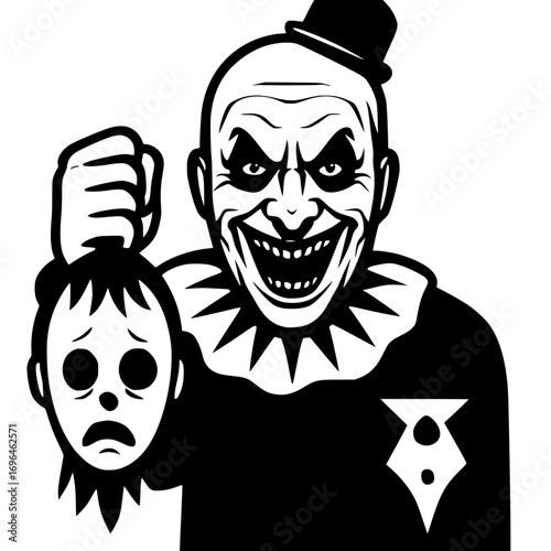 Black and white evil clown holding a sad cut head illustration

