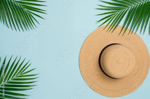 Flat lay of coconut, hat, a...