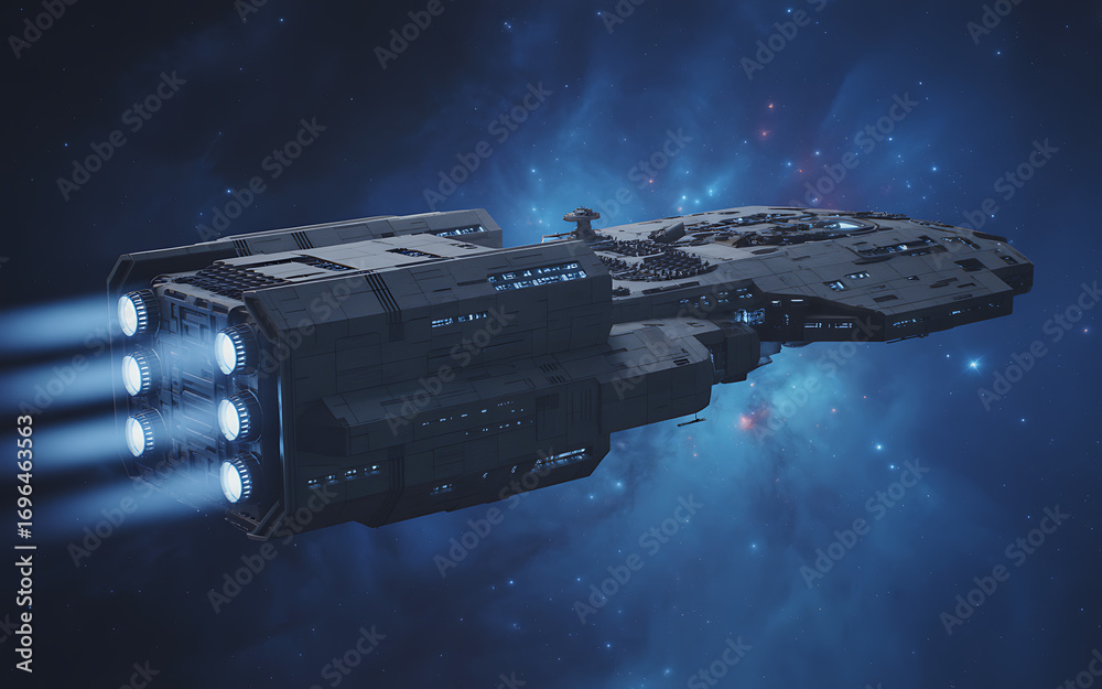 Fototapeta premium Massive futuristic starship cruises through deep space propelled by powerful engines