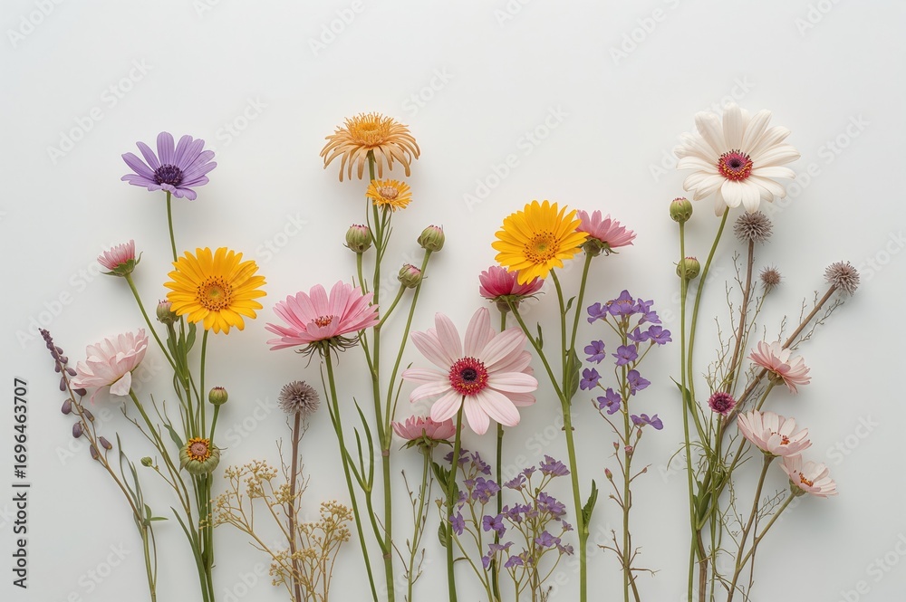 Fototapeta premium Delicate wildflowers displayed on a clean white backdrop, showcasing their pure elegance and natural beauty.