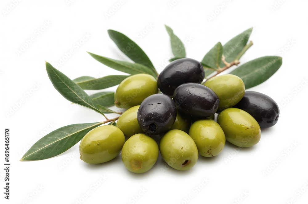 Obraz premium Assortment of dark and green olives accompanied by leaves on a plain backdrop with cutout effect