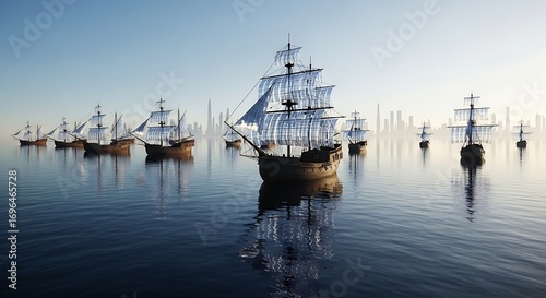 Armada of ancient galleons navigating calm seas with a modern cityscape in the background over the horizon