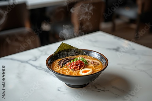 Tasty noodle soup presented...
