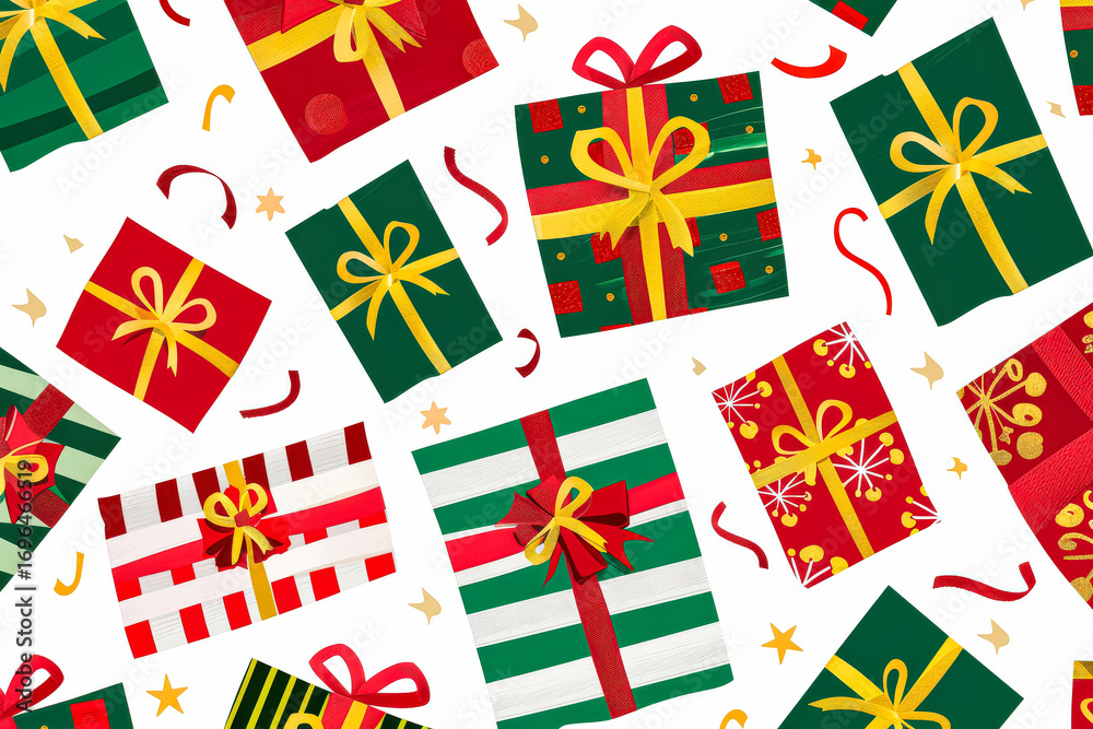 Obraz premium Colorful Christmas and New Year gift boxes with vibrant ribbons and festive patterns, creating a joyful holiday atmosphere with copy space