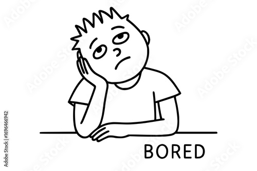 Isolated simple illustration of a bored boy with a tired expression
