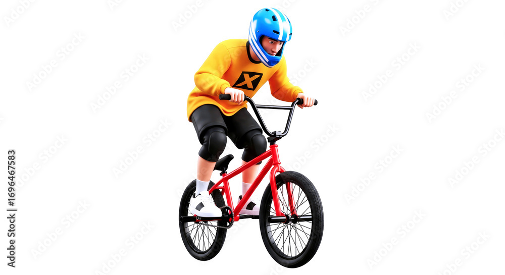 Naklejka premium bmx rider in action cartoon 3d model, dynamic pose, intense focus, isolated on transparent background