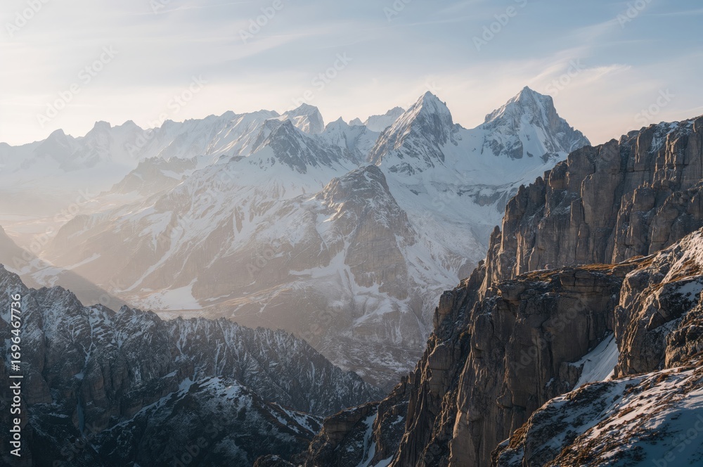 Obraz premium Stunning sight of snowy peaks during winter under a misty sky