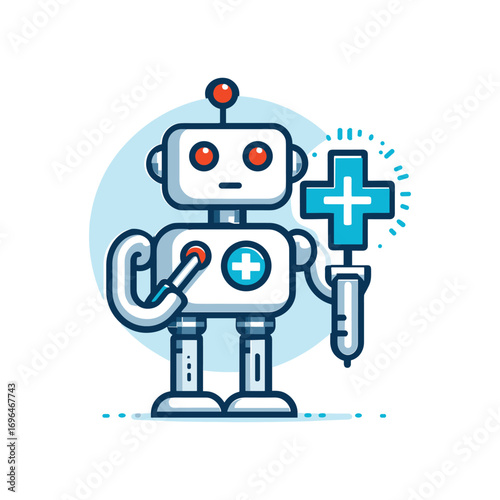 Friendly robot holding a medical tool in a clean space
