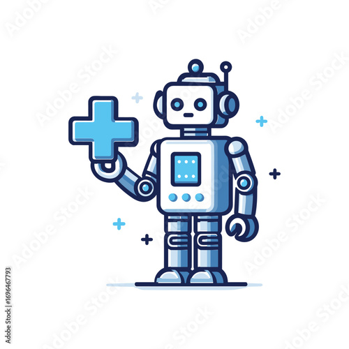 Friendly robot holding a medical cross symbol in blue