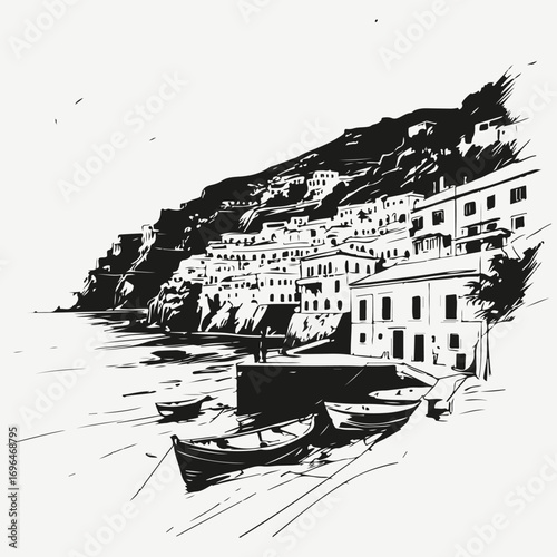 Italian Amalfi Coast landscape sketch illustration vector