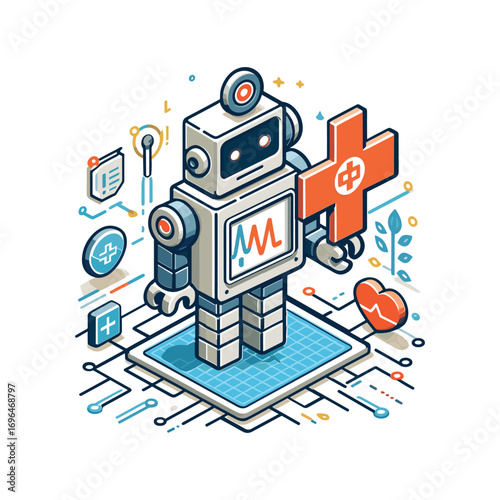Robot in healthcare setting holding a medical cross symbol
