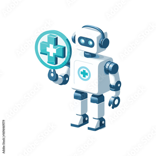 Friendly robot holding a healthcare sign in a clinic