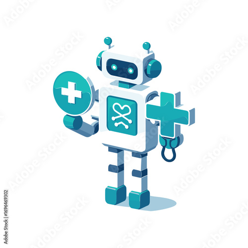 Friendly robot holding medical symbols in a clean space