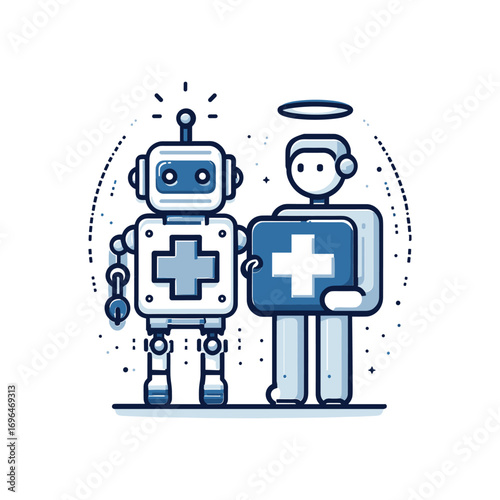 Friendly robot and human holding health symbol together