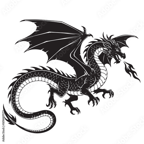 Stylized Black Dragon Flying and Breathing Fire, Mythical Fantasy Creature Art