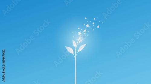 Minimalist design of a plant blossoming in a serene sky with sparkling elements