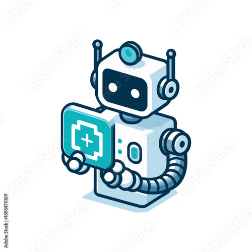 Friendly robot holding a medical icon in a digital space