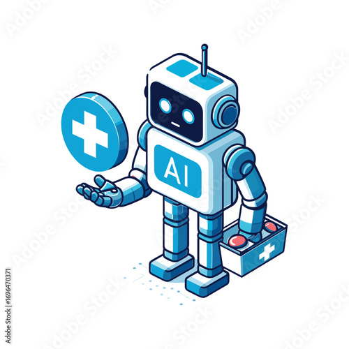 AI Robot Holding Medical Symbol with Supplies Nearby