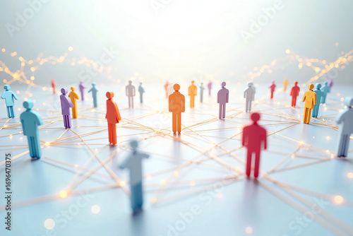 Clean 3D rendering of a human-icon social connection network showing people avatars linked together in an interconnected system symbolizing communication, teamwork, community, and digital interaction.