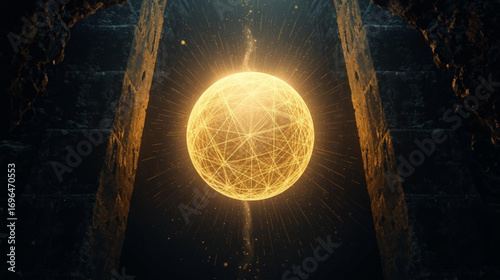 Mysterious golden orb radiating interconnected energy lines within a dark, ancient monolithic chamber