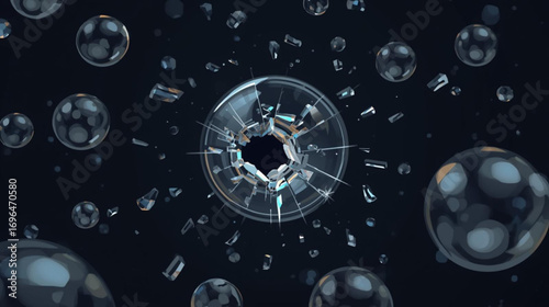 Abstract visualization of a high-impact event showing a shattered glass pane surrounded by floating transparent spheres on a dark background