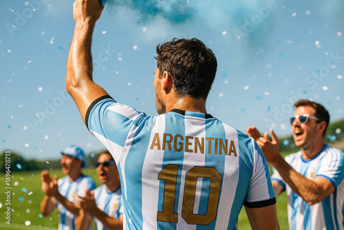 Argentine soccer fan with flare celebrating in striped jersey