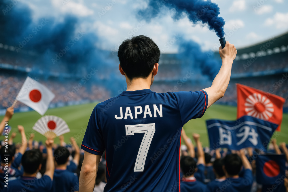 Fototapeta premium Japanese soccer fan raising blue flare in stadium with flags